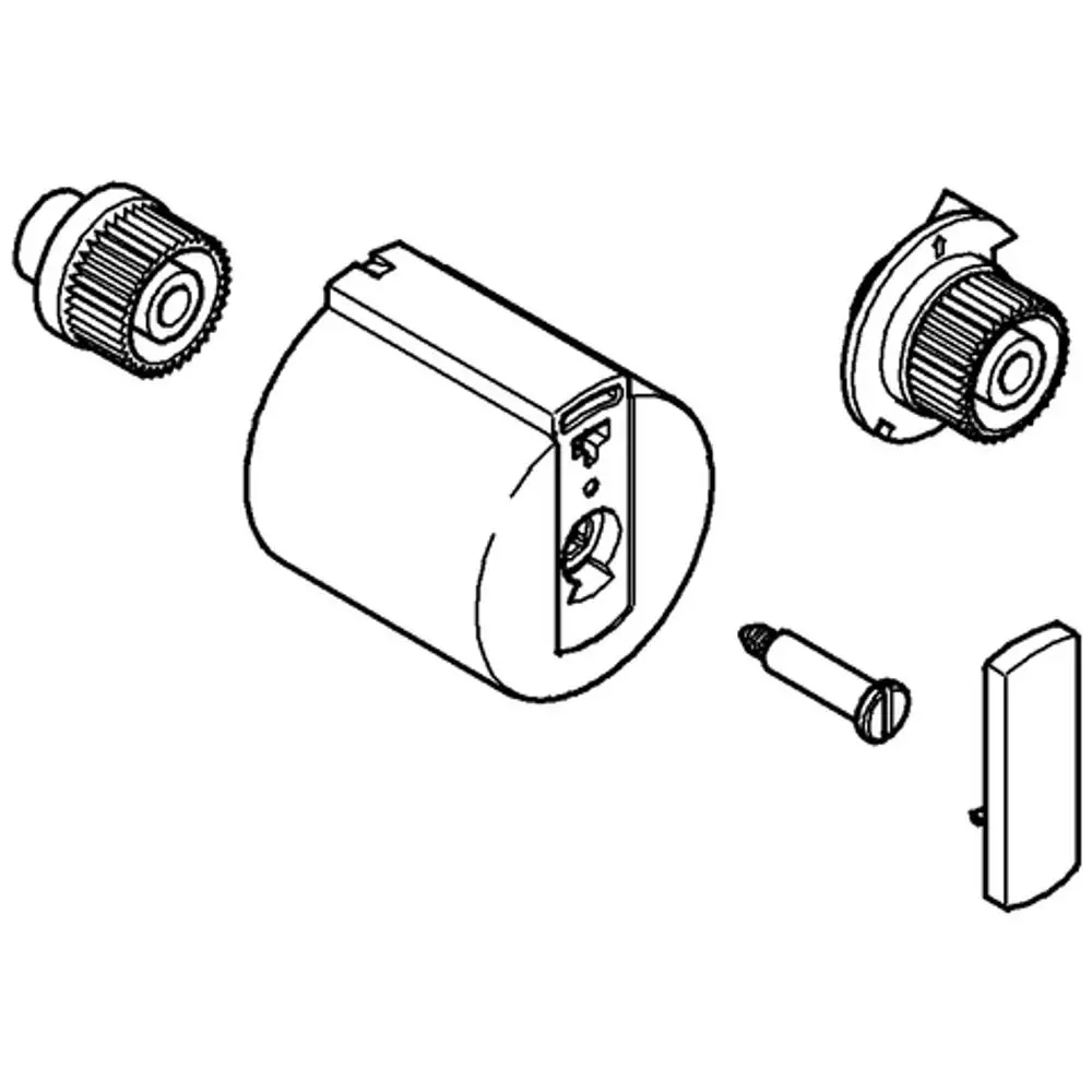 Chromfarbener Absperrgriff mit verschiedenen Einzelteilen, wahrscheinlich für ein Grohe-Produkt, zeigt eine runde Form und mehrere Montageelemente.