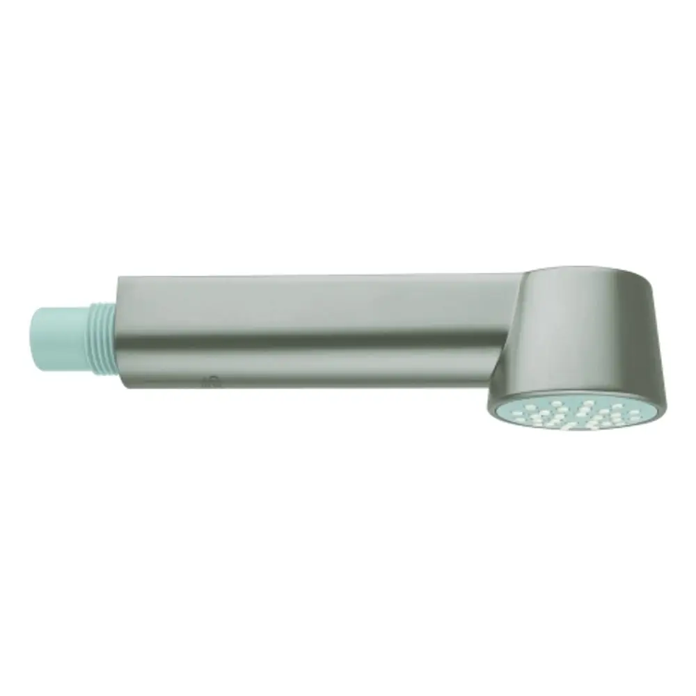 Grohe Spülbrause in einem schlanken, metallischen Design mit einem runden Sprühkopf und einer blauen Anschlussmutter, geeignet für die Nutzung im Badezimmer oder in der Küche.