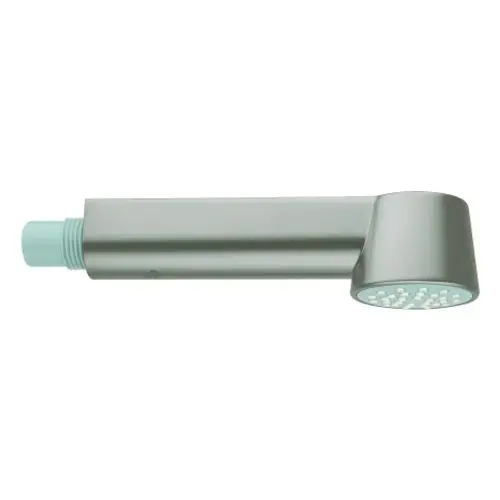 Grohe Spülbrause in einem schlanken, metallischen Design mit einem runden Sprühkopf und einer blauen Anschlussmutter, geeignet für die Nutzung im Badezimmer oder in der Küche.