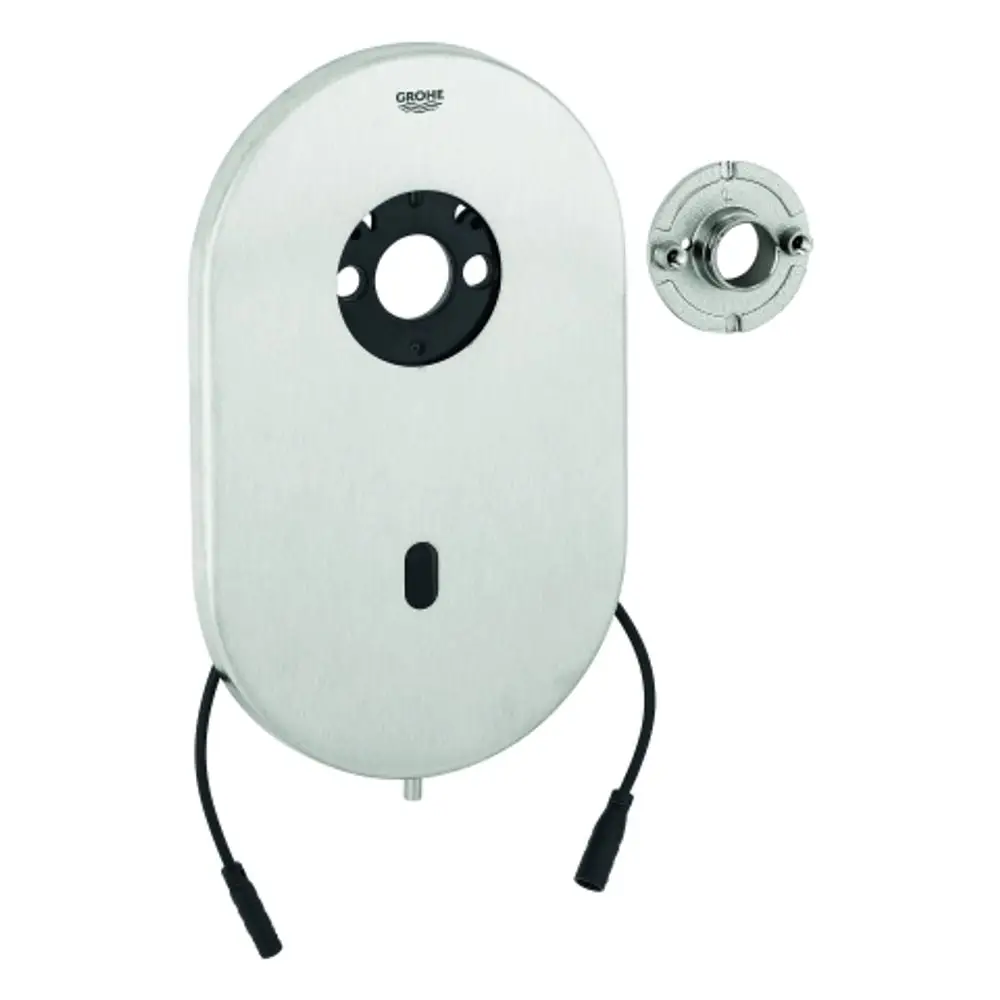 GROHE Abdeckplatte aus Edelstahl mit Elektronik, ovaler Form, ausgestattet mit Anschlusskabeln und einer hinteren Montageplatte für die Installation.