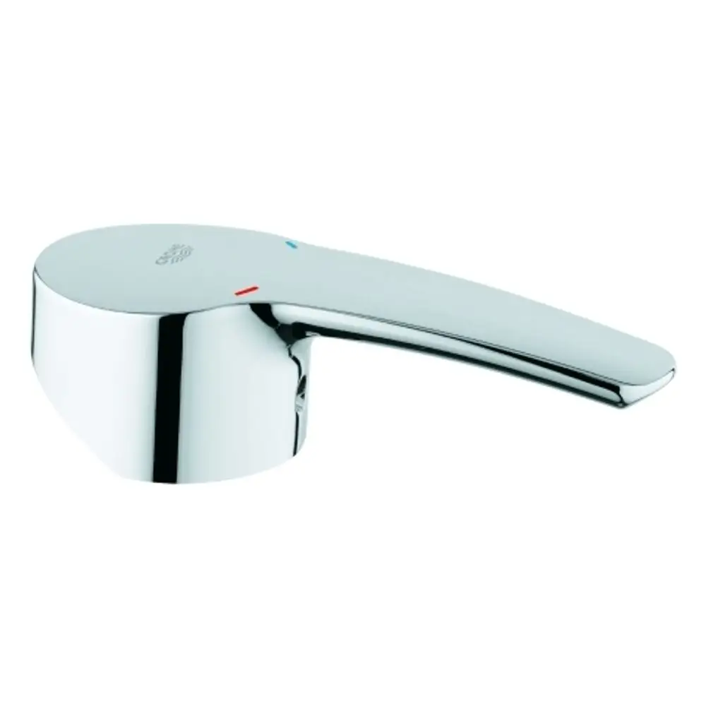Chromfarbener Wasserhahnhebel von Grohe mit rotem und blauem Indikator für warmes und kaltes Wasser.
