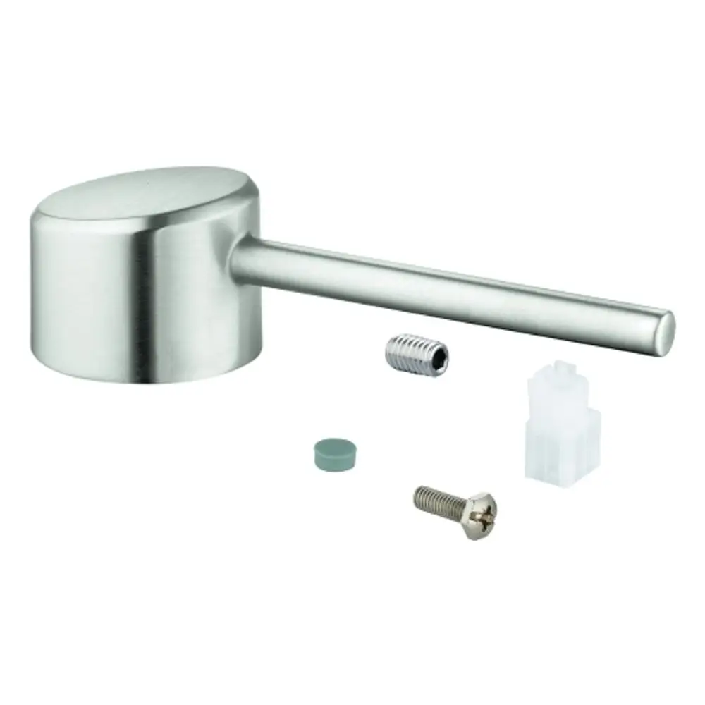 Grohe Hebel mit runder Grifffläche und langem Arm, umgeben von Montageschraube, Dichtung und Anschlussstück in einer neutralen Anordnung.