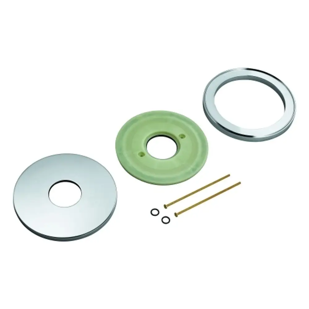 GROHE Rosette und Distanzring set bestehend aus einem metallischen Ring, einem grünen Distanzring und Schrauben in einer neutralen Anordnung auf hellem Hintergrund.