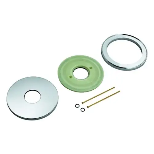 GROHE Rosette und Distanzring set bestehend aus einem metallischen Ring, einem grünen Distanzring und Schrauben in einer neutralen Anordnung auf hellem Hintergrund.
