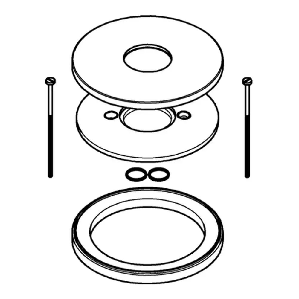 Zerlegtes Montageelement von Grohe, bestehend aus zwei runden Platten, zwei Stiften und zwei Dichtungen, für die Befestigung bzw. Distanzierung.