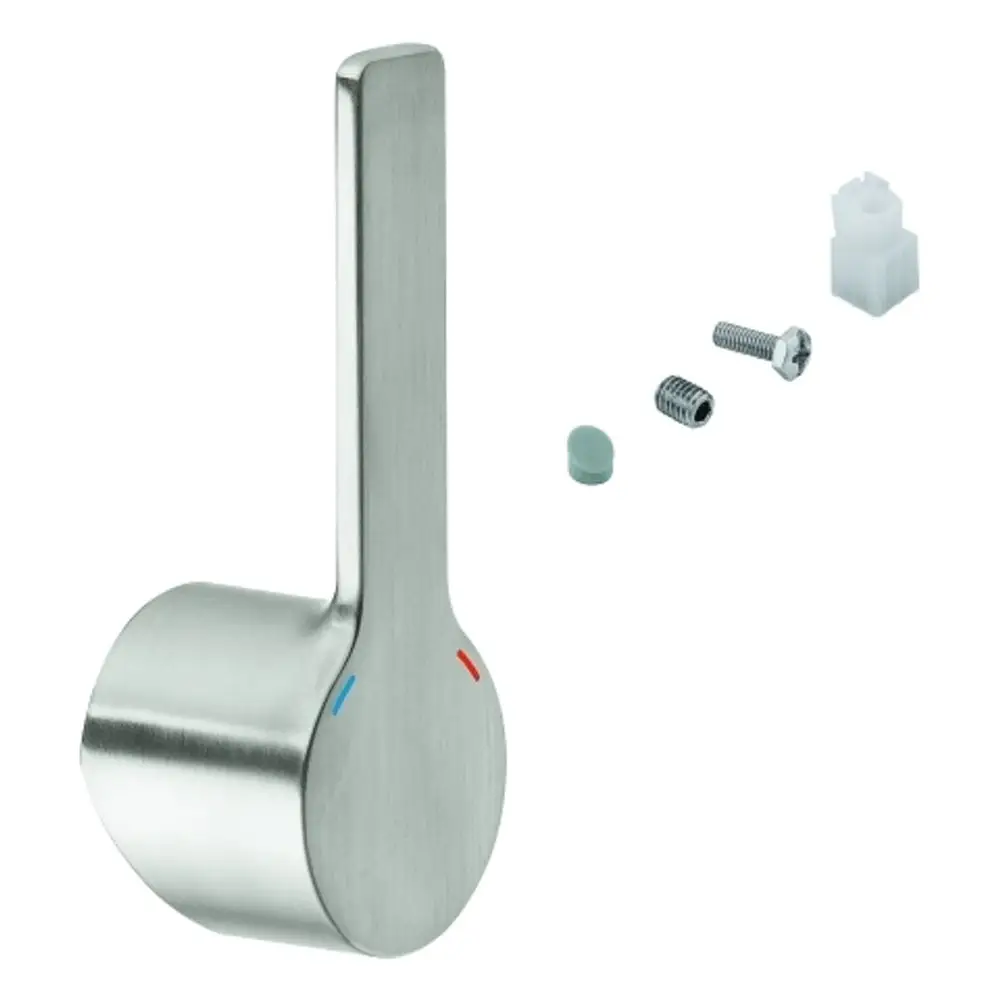 Hebel aus Edelstahl mit rotem und blauem Indikator, Zubehörteile wie Schrauben und Umbaustück, Design von Grohe.
