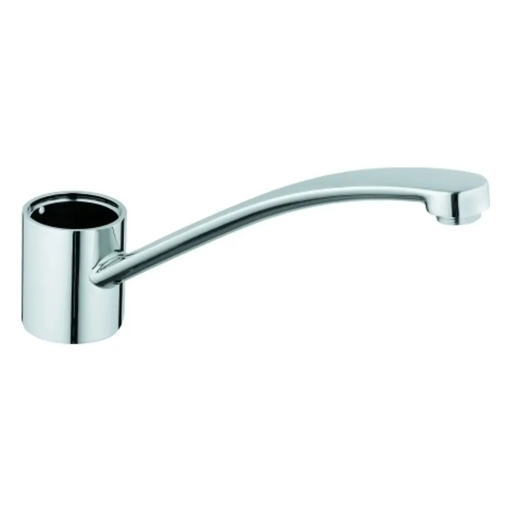 Grohe Auslauf mit einem langen, geschwungenen Arm und einer runden Basis. Die Oberfläche ist glänzend und reflektierend.