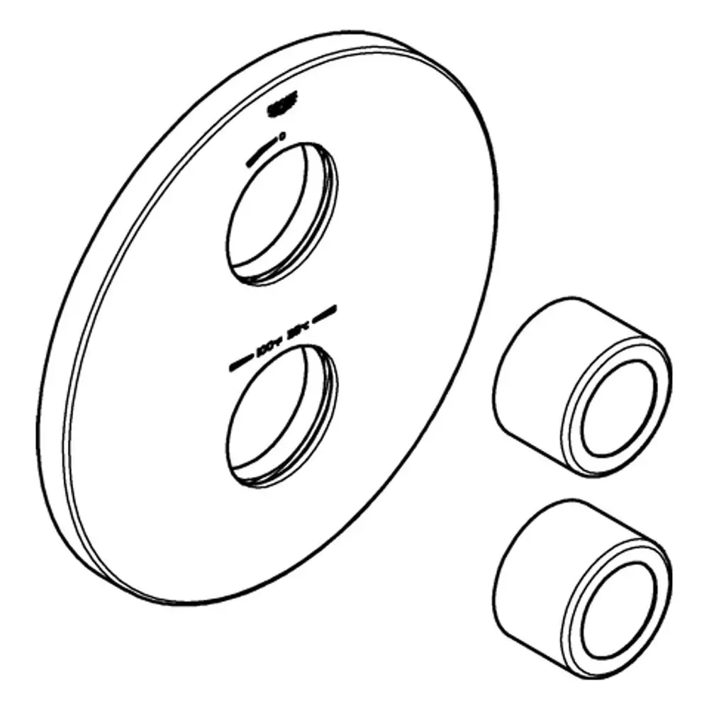 GROHE Rosette in kreisförmiger Form, mit zwei runden Öffnungen in der Mitte und zwei kleinen runden Elementen daneben. Detailansicht ohne spezifische Maße.
