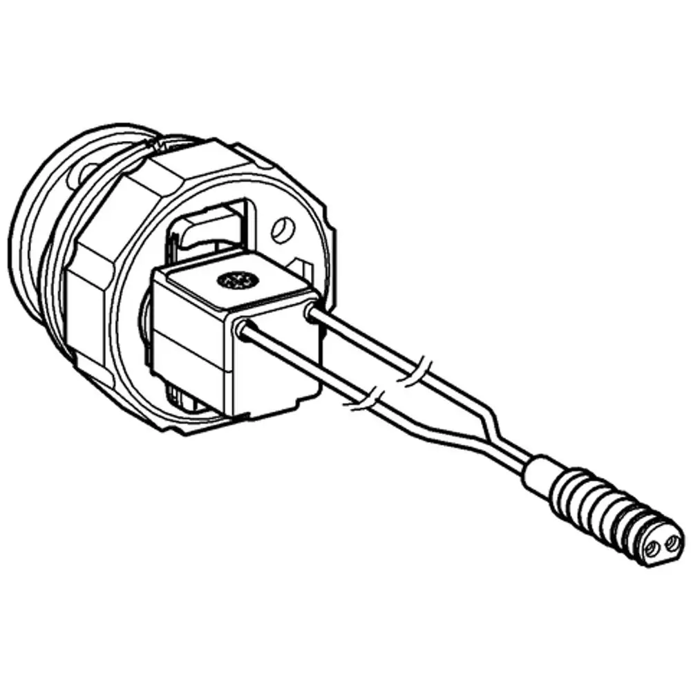 GROHE Magnetventil mit zwei Anschlüssen, rechteckigem Gehäuse und drehbarer Unterseite, in technischer Zeichnung dargestellt.