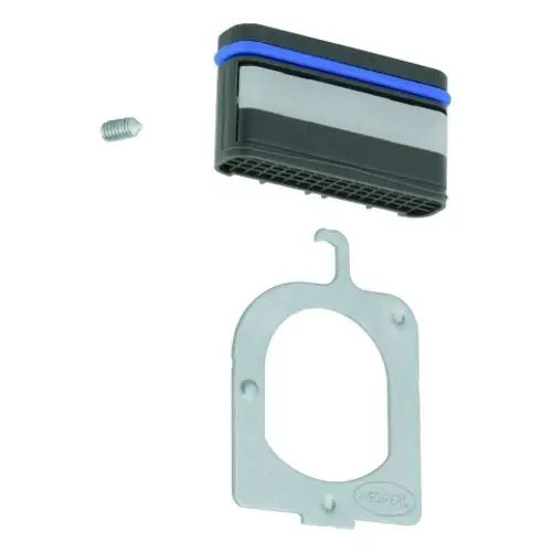 Grohe Mousseur und Demontageschlüssel in Schwarz und Grau, mit einem blauen Akzent und einer Schraube, die zur Befestigung dient.