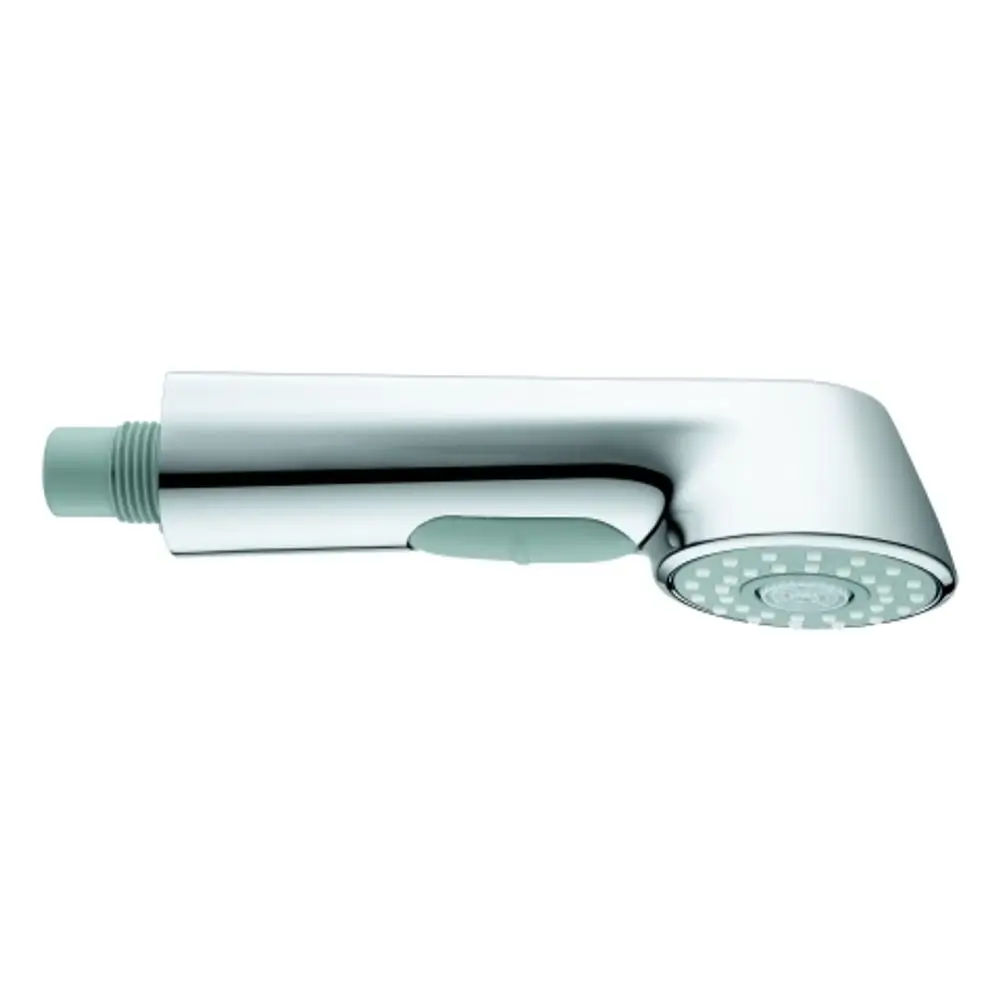 Spülbrause in chrom, mit ergonomischem Griff und einem Sprühkopf, hergestellt von Grohe. Die Oberfläche ist glänzend und reflektiert Licht.