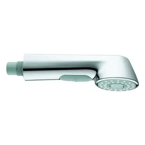 Spülbrause in chrom, mit ergonomischem Griff und einem Sprühkopf, hergestellt von Grohe. Die Oberfläche ist glänzend und reflektiert Licht.