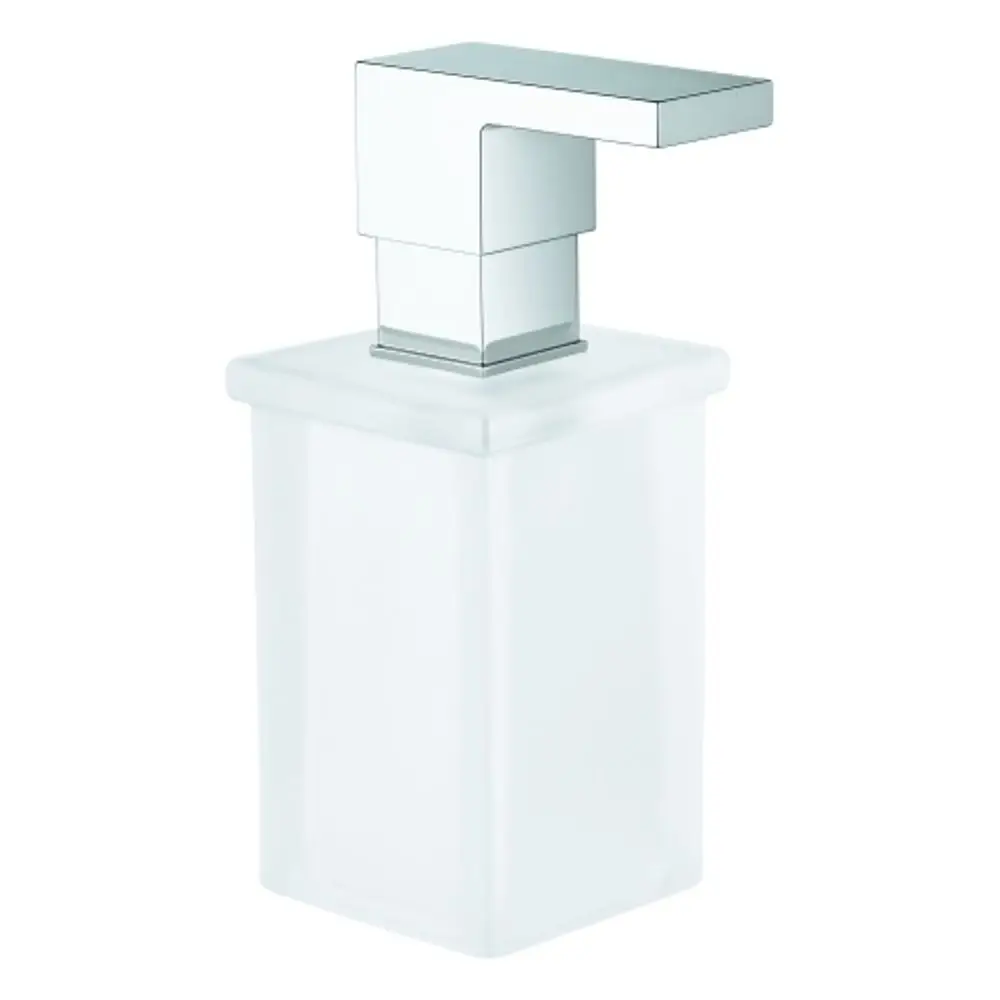 Transparenter Seifenspender mit quadratischer Form und einem chromfarbenen Ausguss von Grohe. Einfaches Pumpdesign für die Abgabe von flüssiger Seife.