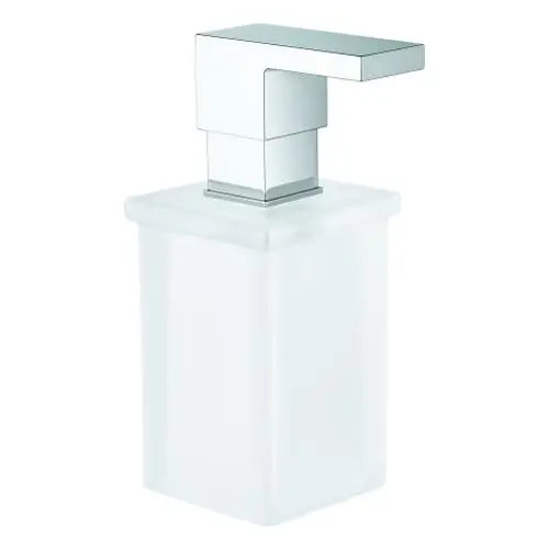 Transparenter Seifenspender mit quadratischer Form und einem chromfarbenen Ausguss von Grohe. Einfaches Pumpdesign für die Abgabe von flüssiger Seife.