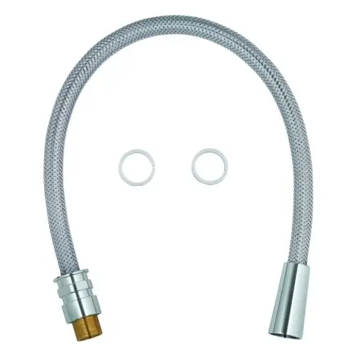 Silberfarbener Brauseschlauch mit geflochtener Ummantelung und zwei Dichtungsringen. Das Produkt stammt von Grohe.