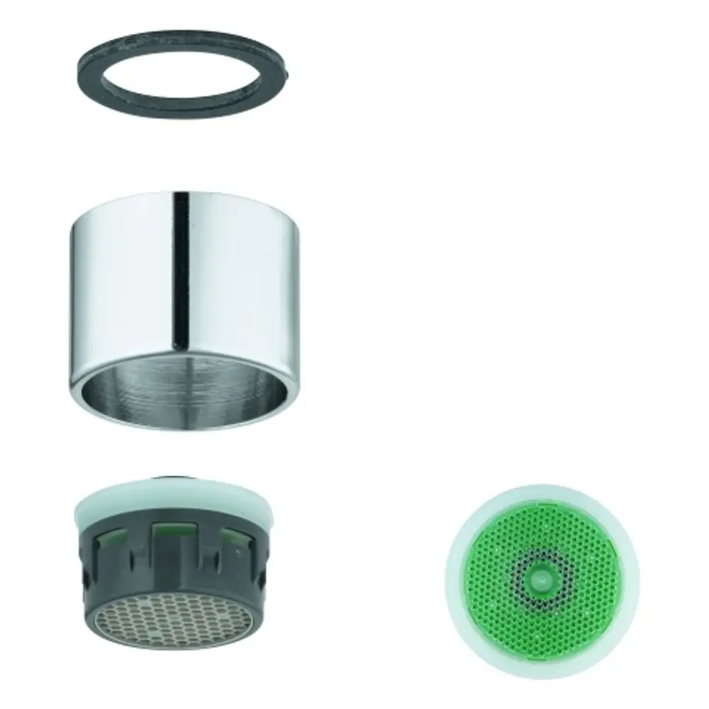 GROHE Strahlregler bestehend aus mehreren Komponenten: ein zylindrisches Metallteil, eine Dichtung und ein Wasserstrahlsystem mit grünem Element.
