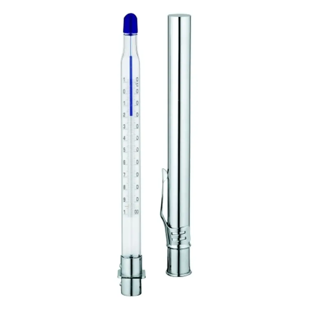 GROHE Justierthermometer mit transparentem Glasrohr und verstellbarem Metallgehäuse, Temperaturanzeige von 0 bis 1.000 Grad C, montierbar und verwendbar in verschiedenen Anwendungen.