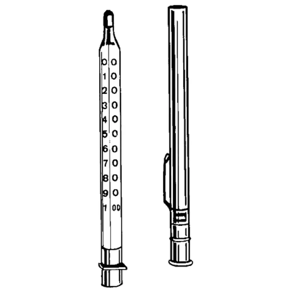 GROHE Justierthermometer mit Skala von 0 bis 1000 Grad Celsius, senkrecht angeordnet, mit einem transparenten Gehäuse und einem aufsteckbaren Ende zur Befestigung.