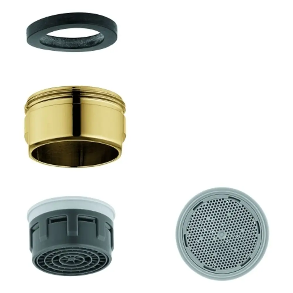 Grohe-Produkt mit vier Komponenten: ein schwarzer Dichtungsring, ein goldenes Gehäuse, ein graues Innenstück und ein graues Gitterelement.