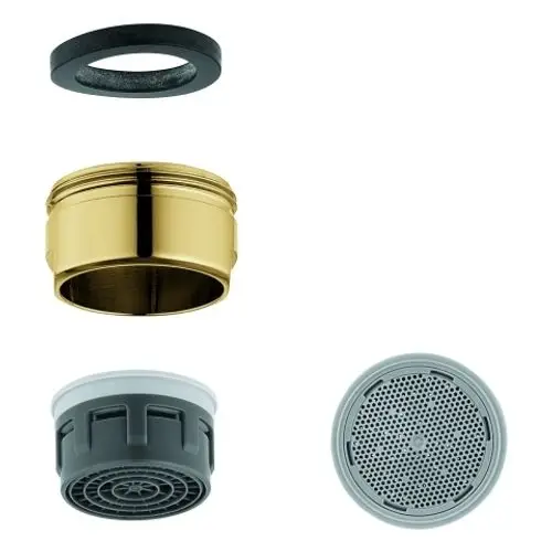 Grohe-Produkt mit vier Komponenten: ein schwarzer Dichtungsring, ein goldenes Gehäuse, ein graues Innenstück und ein graues Gitterelement.