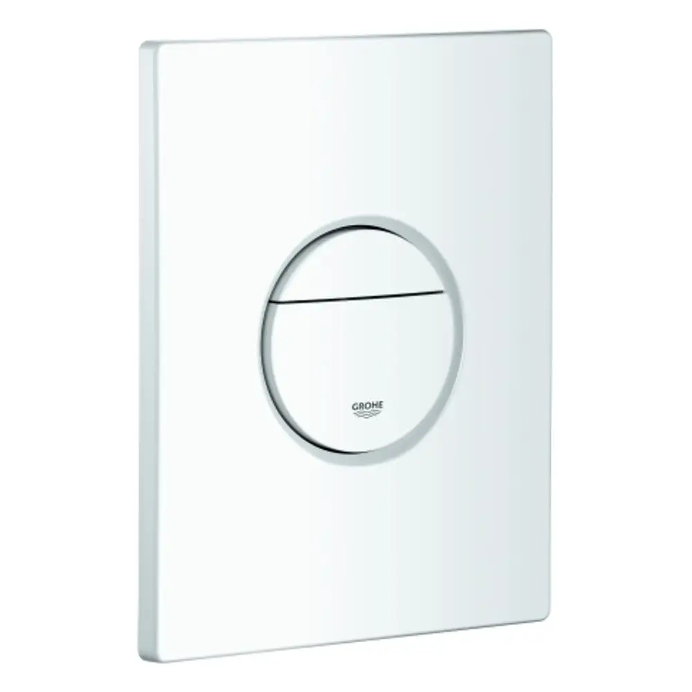 Weiße Abdeckplatte von Grohe mit zwei Drucktasten in ovaler Form. Die Oberfläche ist glatt und betont die sanften Linien des Designs.
