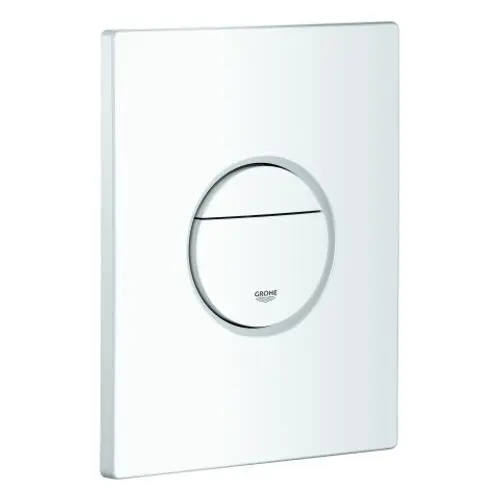 Weiße Abdeckplatte von Grohe mit zwei Drucktasten in ovaler Form. Die Oberfläche ist glatt und betont die sanften Linien des Designs.