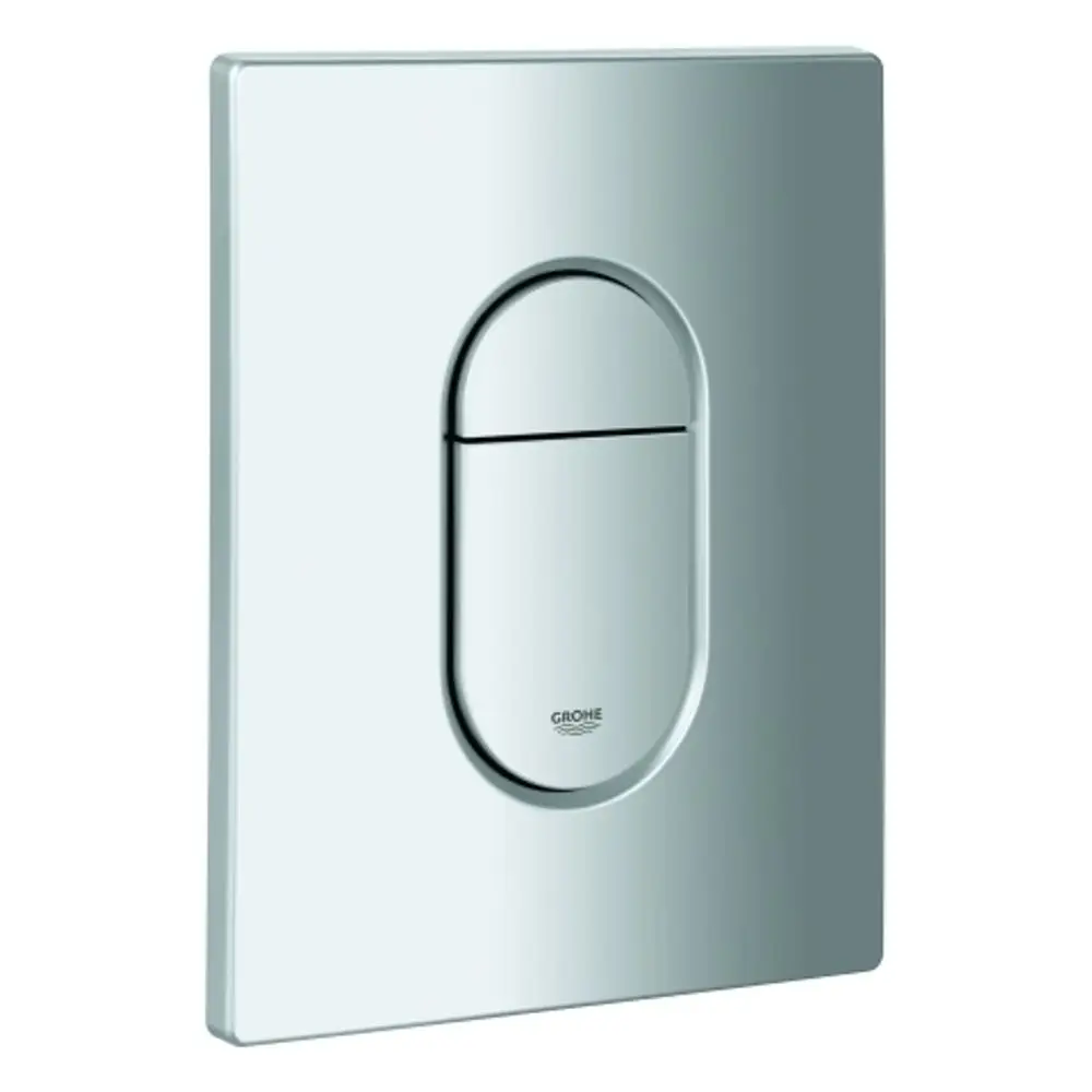 Dünne, glänzende Abdeckplatte von Grohe mit zwei Drucktasten in der Mitte, angeordnet in ovaler Form, für ein WC-Betätigungssystem.
