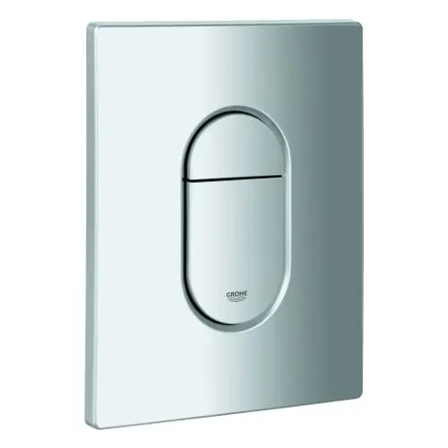 Dünne, glänzende Abdeckplatte von Grohe mit zwei Drucktasten in der Mitte, angeordnet in ovaler Form, für ein WC-Betätigungssystem.