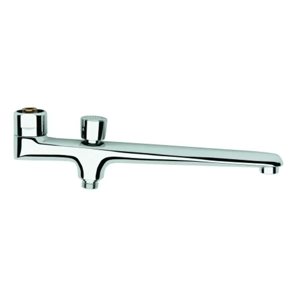 GROHE Gussauslauf in chrom mit Umstellung, mit einem langen, geraden Auslauf und zwei Bedienelementen am oberen Ende.