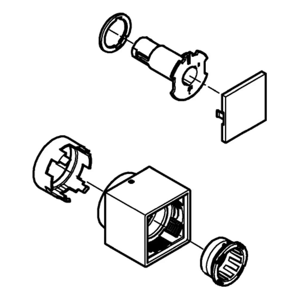 Komponenten eines Grohe-Absperrgriffs, bestehend aus mehreren Teilen, einschließlich einem quadratischen Gehäuse, Dichtungen und einem inneren Mechanismus.