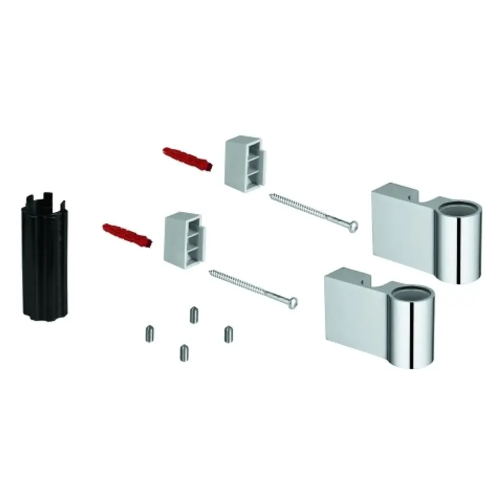 Montageset für Grohe Brausestangenhalter, bestehend aus zwei Haltern, Schrauben, Dübel und weiteren Komponenten, zur festen Installation an der Wand.