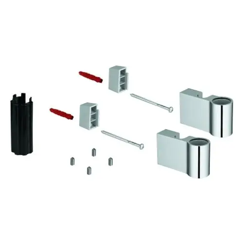 Montageset für Grohe Brausestangenhalter, bestehend aus zwei Haltern, Schrauben, Dübel und weiteren Komponenten, zur festen Installation an der Wand.