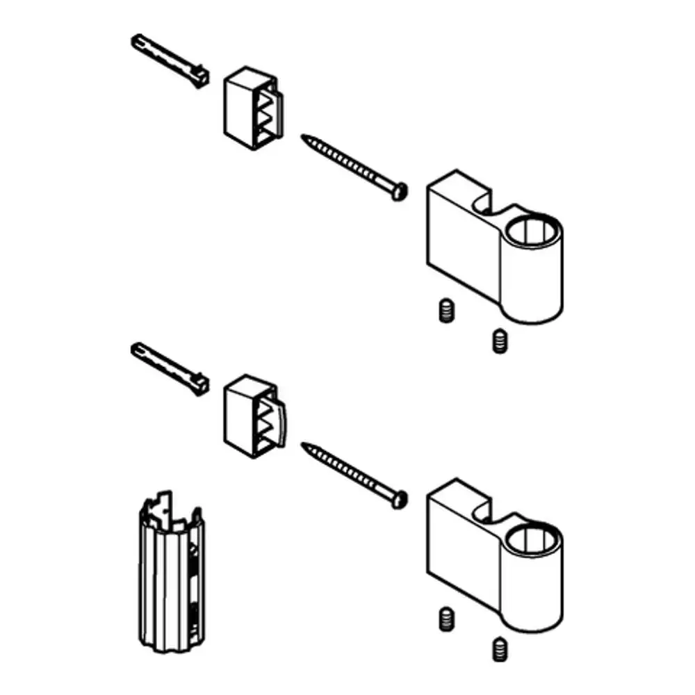 Montageanleitung für einen Grohe Brausestangenhalter, bestehend aus mehreren Bauteilen, darunter Halterungen, Schrauben und eine metallene Basis.