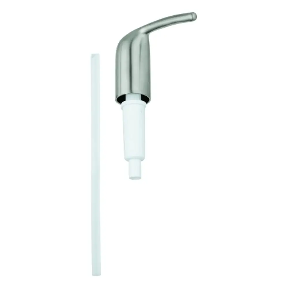 Pumpvorrichtung von Grohe in Edelstahloptik mit einem weißen Innenteil und einem Anschlussrohr auf der linken Seite.
