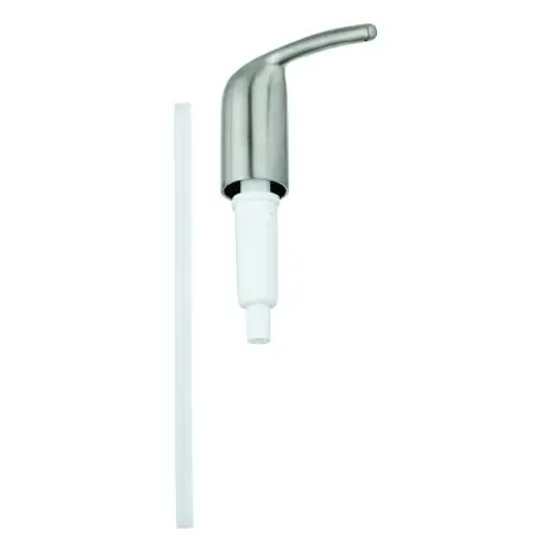 Pumpvorrichtung von Grohe in Edelstahloptik mit einem weißen Innenteil und einem Anschlussrohr auf der linken Seite.