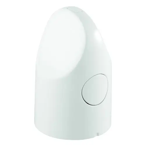 Weißer Temperaturwählgriff von Grohe in ovaler Form, mit einem runden Bedienknopf auf der Vorderseite. Simple und funktionale Gestaltung.