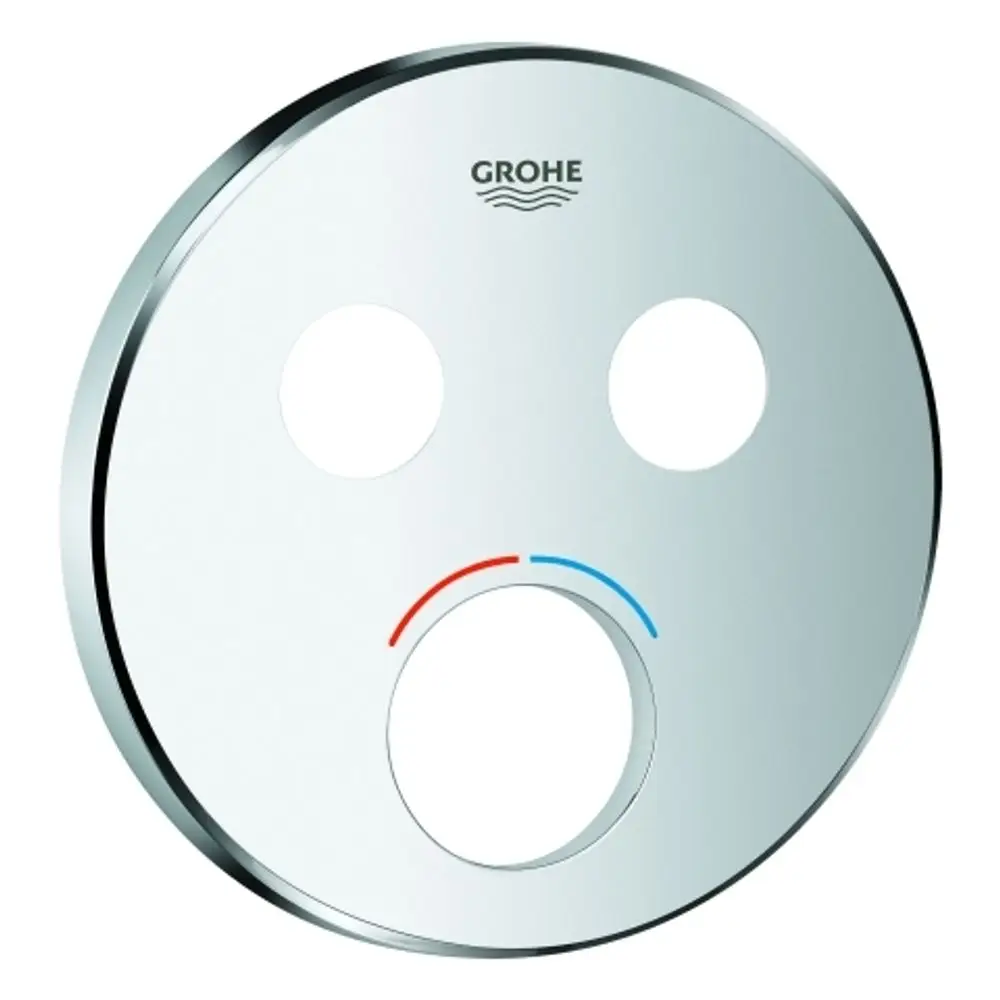 Runde, chromfarbene Rosette von Grohe für Mischer mit zwei Absperrventilen. Sie zeigt zwei Öffnungen und eine Linienanzeige in Rot und Blau zur Temperaturregelung.