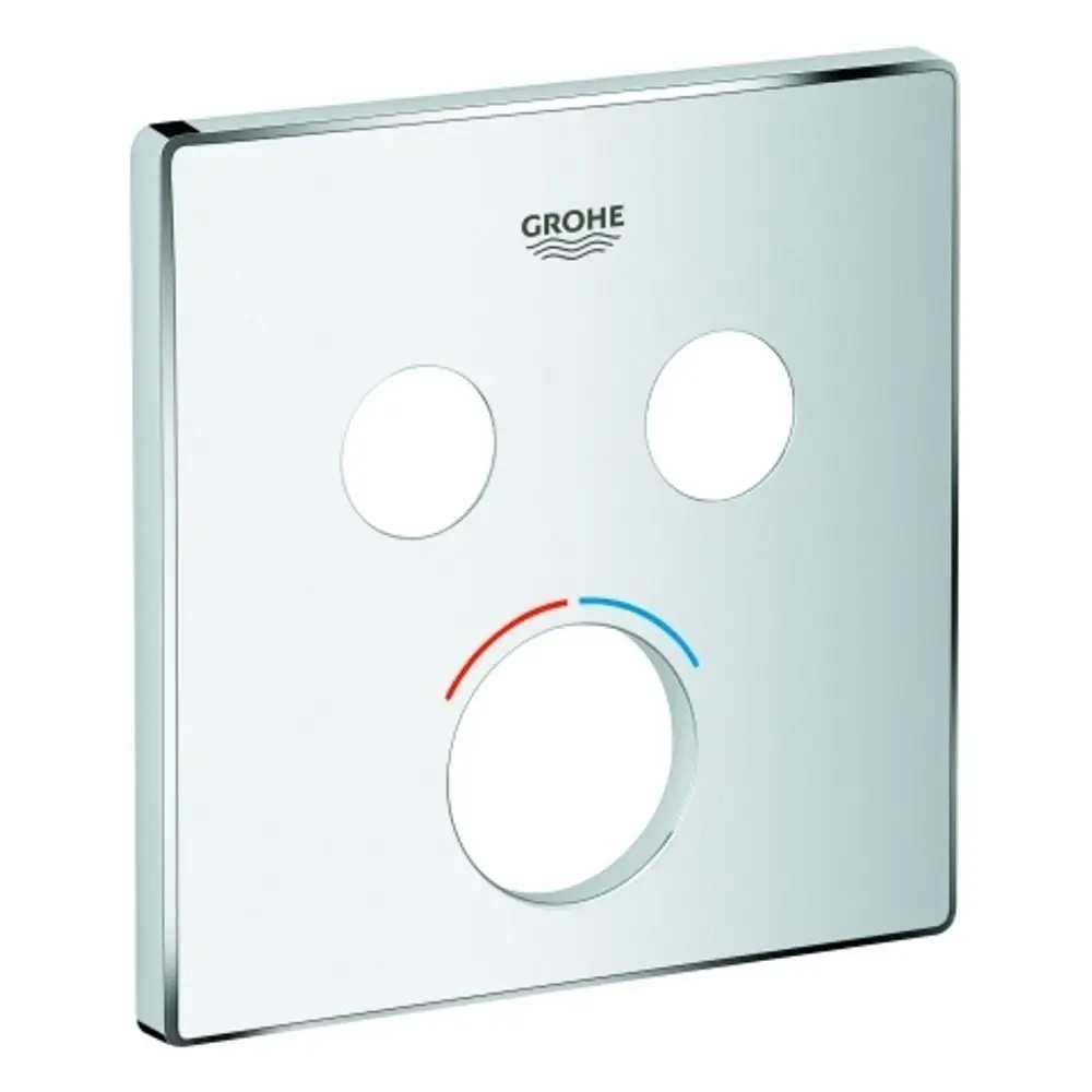 GROHE Rosette in quadratischer Form mit drei Öffnungen, eine große in der Mitte und zwei kleinere oben, verchromte Oberfläche ohne sichtbare Beschriftung.