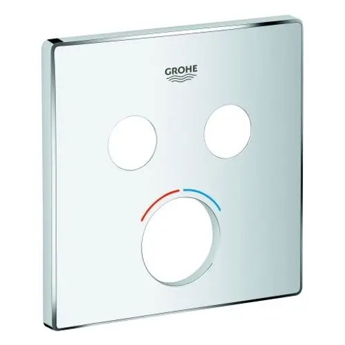 GROHE Rosette in quadratischer Form mit drei Öffnungen, eine große in der Mitte und zwei kleinere oben, verchromte Oberfläche ohne sichtbare Beschriftung.