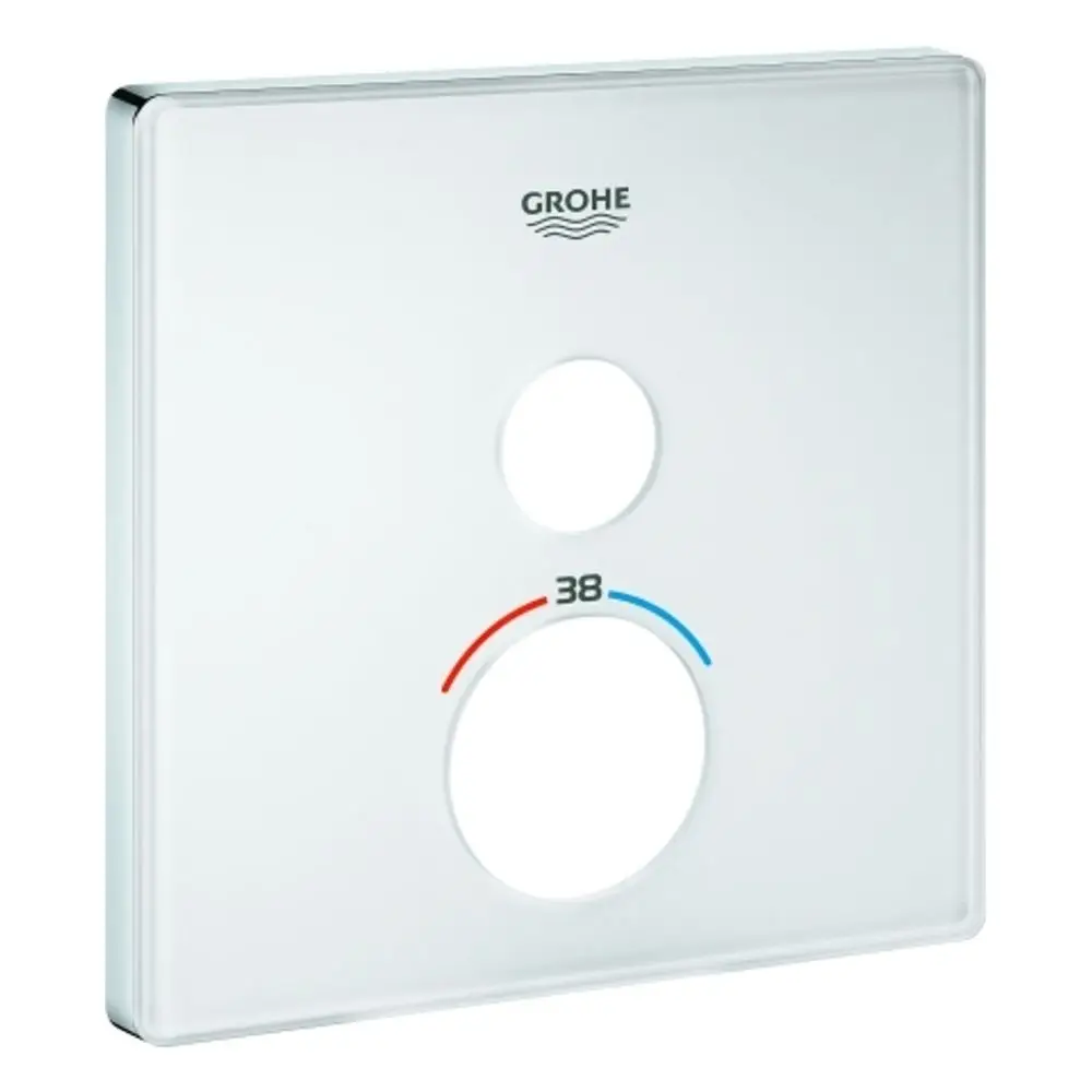 Weiße Rosette von Grohe mit zwei Öffnungen, darunter eine Temperaturanzeige in Rot und Blau. Eignet sich für die Verwendung mit SmartControl-Systemen.