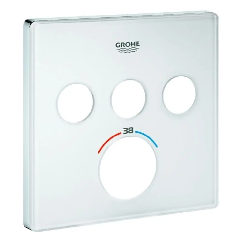 Weiße Rosette von Grohe mit drei Öffnungen für Absperrventile. Runde und ovale Ausschnitte in einer quadratischen Form. Temperaturanzeige in Rot und Blau.