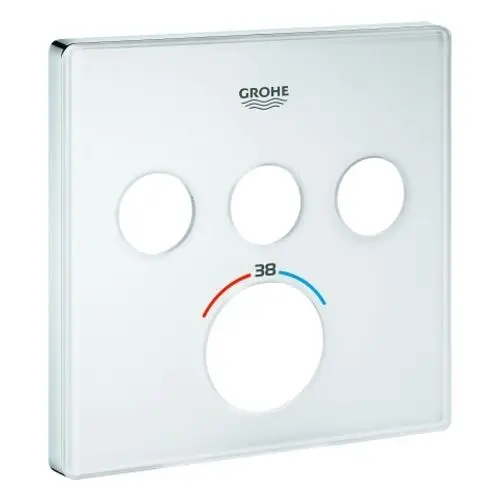 Weiße Rosette von Grohe mit drei Öffnungen für Absperrventile. Runde und ovale Ausschnitte in einer quadratischen Form. Temperaturanzeige in Rot und Blau.