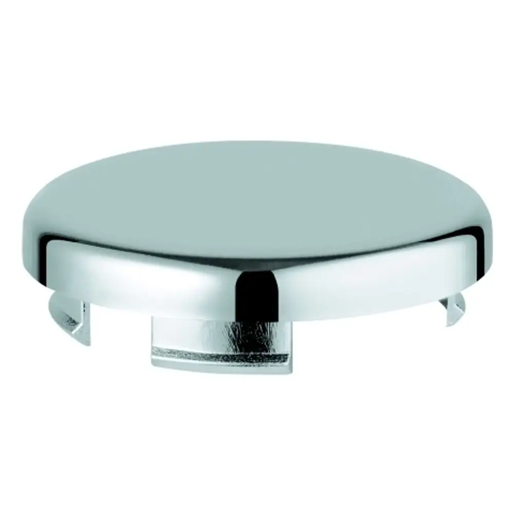 Metallische Abdeckkappe mit glänzender Oberfläche, vermutlich von Grohe, zur Befestigung an einem Wandbrausehalter. Runde Form mit seitlichen Haltenasen.