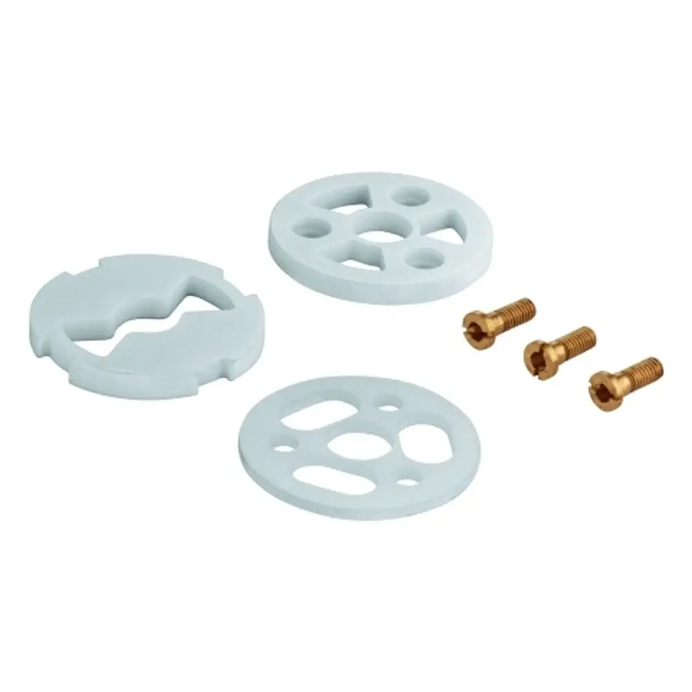 GROHE Zubehörset mit zwei blauen Keramikscheiben, einer zusätzlichen Scheibe und drei goldfarbenen Schrauben. Ideal für die Anwendung in Sanitärinstallationen.