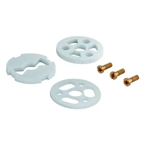 GROHE Zubehörset mit zwei blauen Keramikscheiben, einer zusätzlichen Scheibe und drei goldfarbenen Schrauben. Ideal für die Anwendung in Sanitärinstallationen.