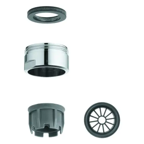 Fünf Komponenten eines Grohe Strahlreglers in verschiedenen Materialien, darunter eine verchromte zentrale Einheit, eine Dichtung, ein grauer Kunststoffteil und ein Filtereinsatz.