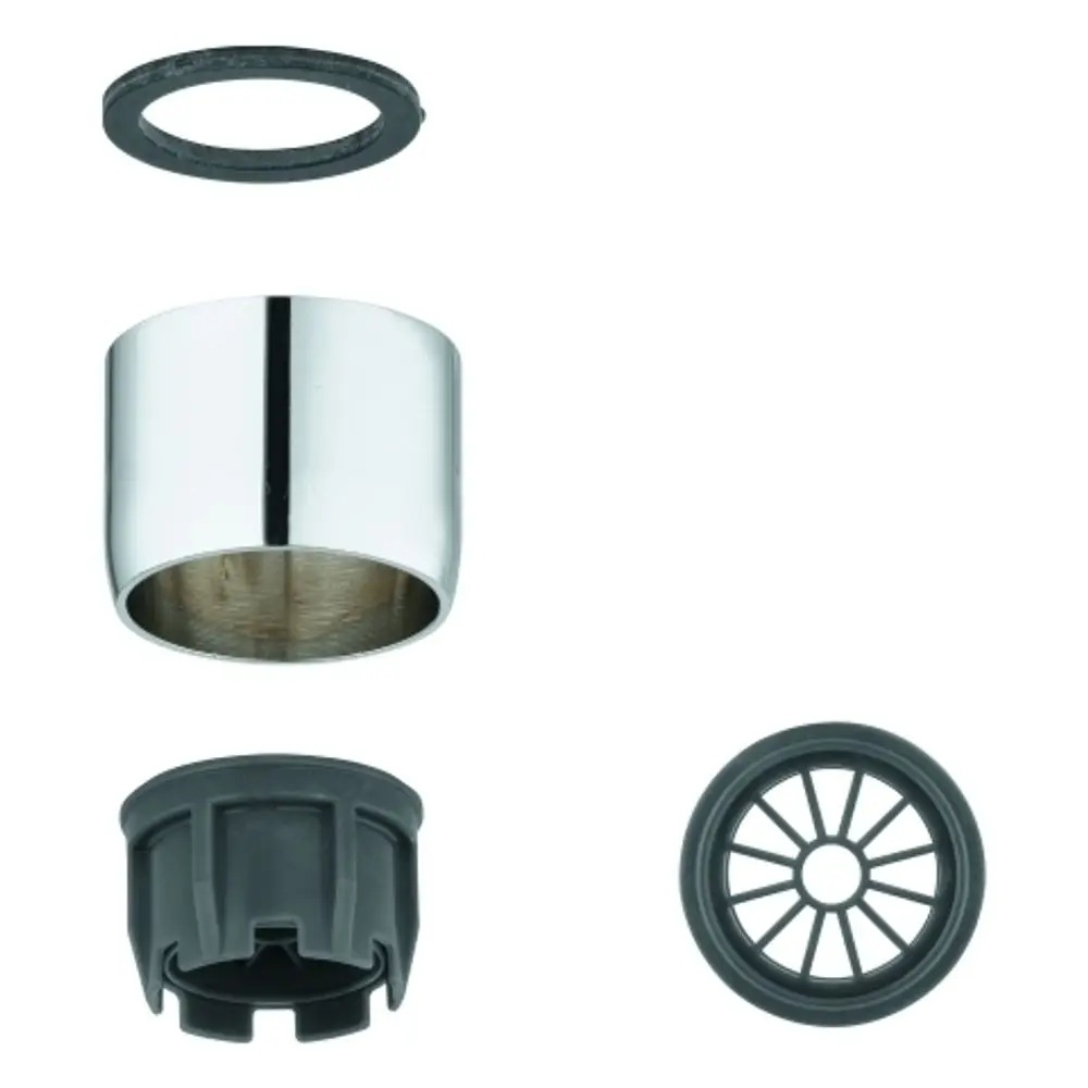 Grohe Strahlregler bestehend aus einem verchromten Außenteil, einer Dichtung, einem Adapter und einem Sprudlereinsatz, angeordnet zur Verwendung mit offenen Warmwasserbereitern.