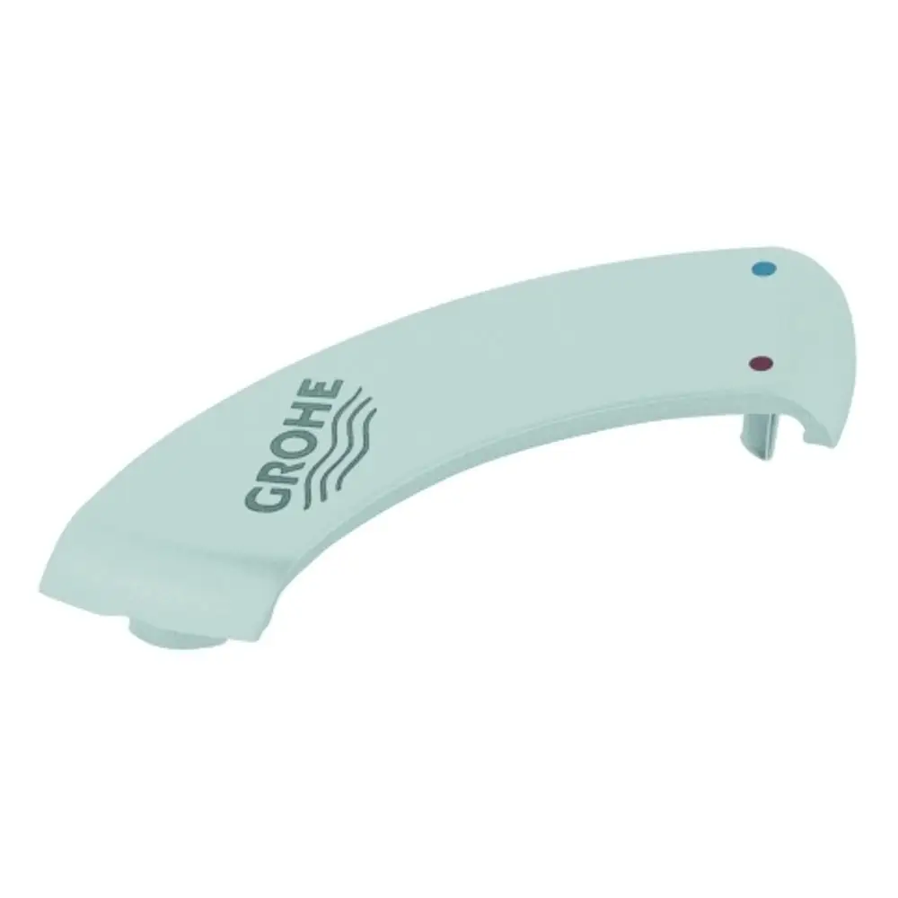 GROHE Abdeckkappe in Hellblau mit roten und blauen Markierungen, geformt für eine Hebelanlage, auf neutralem Hintergrund.