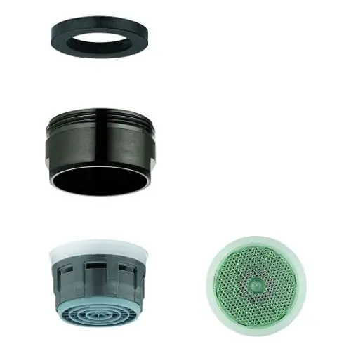 GROHE-Produkt mit mehreren Teilen, einschließlich einer schwarzen Dichtung, einem schwarzen Gehäuse und zwei verschiedenen Einsätzen, die zur Wasserregulierung verwendet werden.