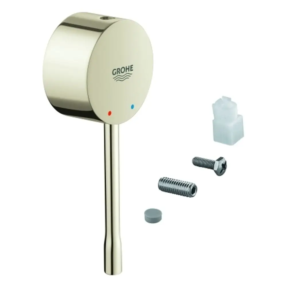 GROHE Hebel in Nickel-Optik mit roten und blauen Markierungen, dazu Schrauben und Montagezubehör auf hellem Hintergrund.